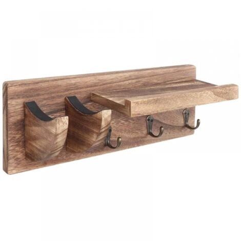 Coat Rack Wall Mounted Storage Shelf, Wood Coat Rack with 3 Hooks Hanging Coat Key Clothes Hat, Guitar Hook (1/5)