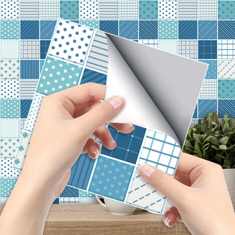 6 Stück blau karierte Bodenfliesen (20 x 20 cm) – Selbstklebende Fliesen für Küche, Wohnzimmer, Bad und Innendekoration. PVC