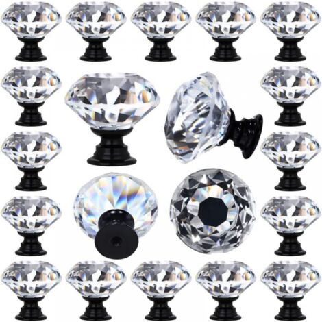 20er-Pack Schubladengriffe aus klarem Kristallglas, mit Diamanten verziert, Küchen-Waschtischgriffe, 30 mm (1-1/4") schwarze Basis (1/5)
