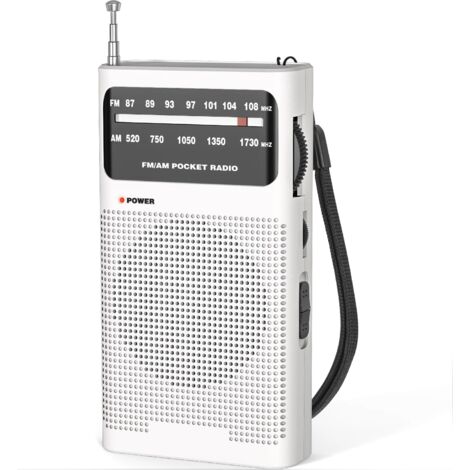 Tragbares Radio, AM(MW)/FM Batteriebetriebenes Radio, Transistor-Taschenradio mit ausgezeichnetem Empfang, Hervorragende Klangqualität, Mini-Tragradio (AA) - Weiß