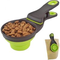 1 Stück Mehrzweck-Tierfutterlöffel, 3-in-1-grüner faltbarer Silikon-Messbecher und Beutelverschlussclip