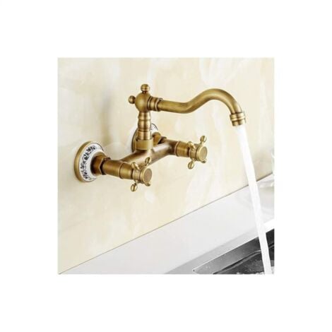 Wall Mounted Kitchen Faucet, Vintage Basin Faucet with Ceramic Hot and Cold Water Brass Antique Sink Faucet