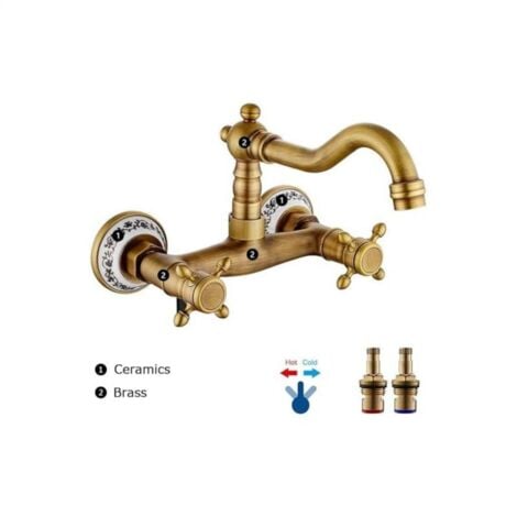 Wall Mounted Kitchen Faucet, Vintage Basin Faucet with Ceramic Hot and Cold Water Brass Antique Sink Faucet