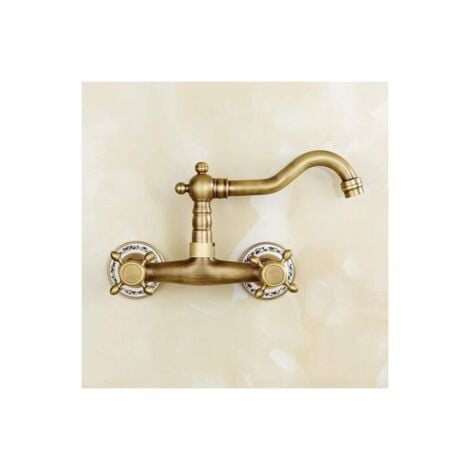 Wall Mounted Kitchen Faucet, Vintage Basin Faucet with Ceramic Hot and Cold Water Brass Antique Sink Faucet