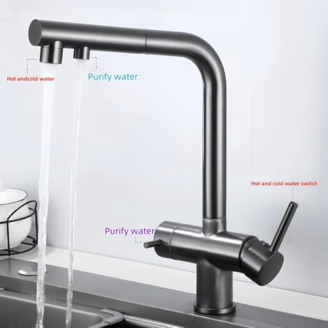 Three-way kitchen faucet with pull-out spray, 360° swivel kitchen faucet, faucet with filtered water outlet (gray)