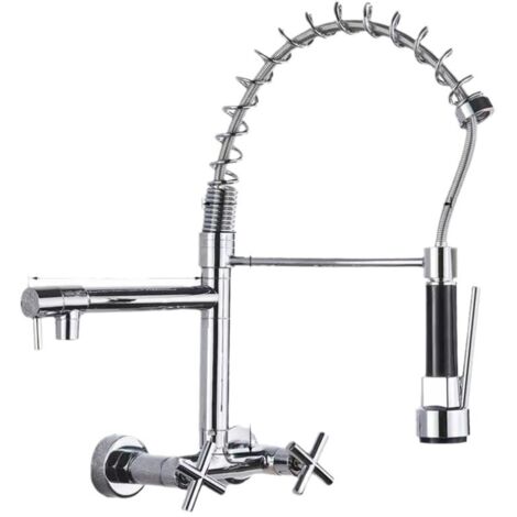 Concealed Wall Mounted Kitchen Faucet with Pull Down Spout, 360° Rotatable Sink Faucet with 3 Spray Modes Silver Plating