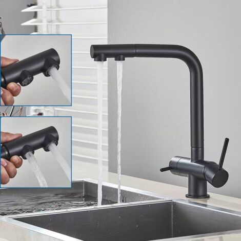 Three-way kitchen faucet with pull-out spray, 360° swivel kitchen faucet, faucet with filtered water outlet (black)