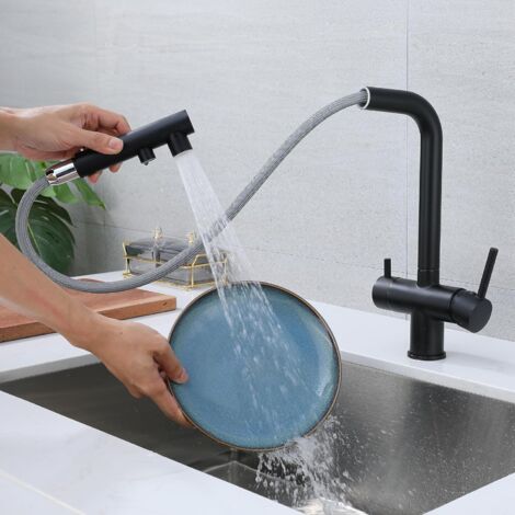 Three-way kitchen faucet with pull-out spray, 360° swivel kitchen faucet, faucet with filtered water outlet (black)