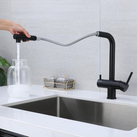 Three-way kitchen faucet with pull-out spray, 360° swivel kitchen faucet, faucet with filtered water outlet (black)
