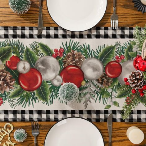 Christmas Table Runner Red Black Buffalo Check Plaid Snowflake Table Runner Seasonal Winter Christmas Xmas Holiday Kitchen Dining Living Room Table...