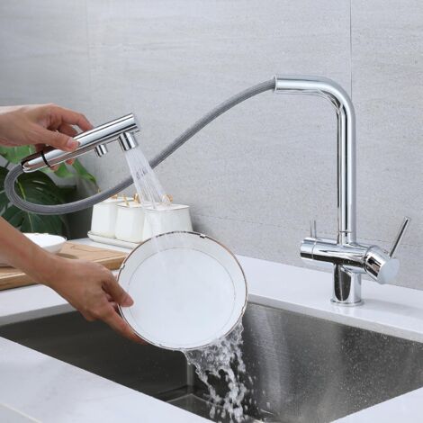 Three-way kitchen faucet with pull-out spray, 360° swivel kitchen faucet, faucet with filtered water outlet (chrome)