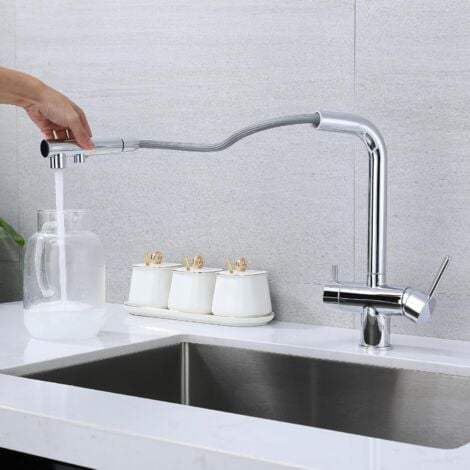 Three-way kitchen faucet with pull-out spray, 360° swivel kitchen faucet, faucet with filtered water outlet (chrome)