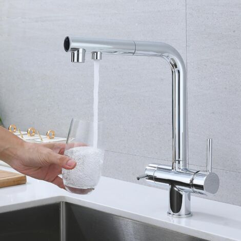 Three-way kitchen faucet with pull-out spray, 360° swivel kitchen faucet, faucet with filtered water outlet (chrome)
