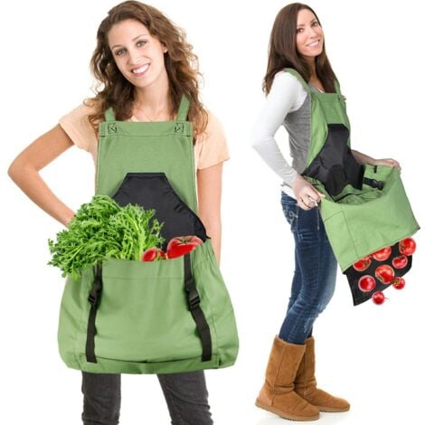 Harvest Apron (Green), Fruit Picking Canvas Bag - Adjustable Large Capacity Harvest Apron with Bottom Opening and Double Clips for Gardeners