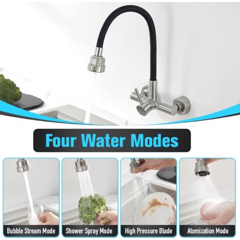 360° Wall Mounted Kitchen Faucet with Four Function Sprayer, with Black Silicone Hose, Brushed Stainless Steel