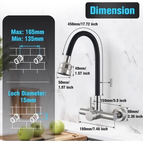 360° Wall Mounted Kitchen Faucet with Four Function Sprayer, with Black Silicone Hose, Brushed Stainless Steel