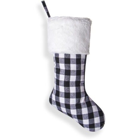 Pack 18 Inch Christmas Stockings for Hanging Fireplace Fur Plaid Xmas Stockings Christmas Decoration (White and Black)