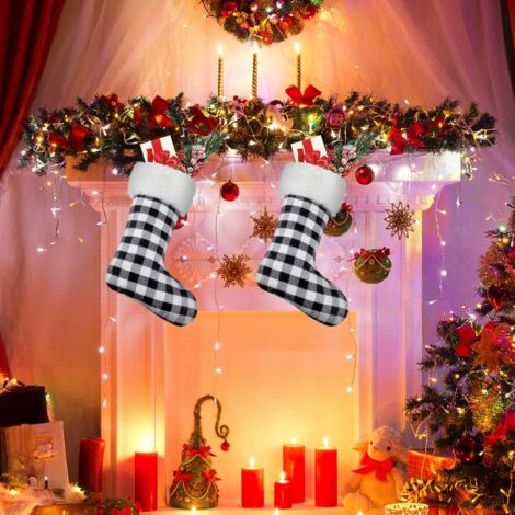 Pack 18 Inch Christmas Stockings for Hanging Fireplace Fur Plaid Xmas Stockings Christmas Decoration (White and Black)