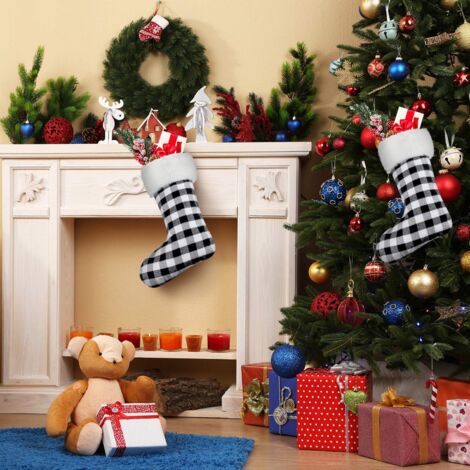Pack 18 Inch Christmas Stockings for Hanging Fireplace Fur Plaid Xmas Stockings Christmas Decoration (White and Black)