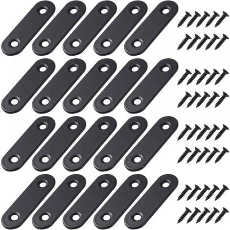 20 Pieces Black Straight Flat Brackets Metal Straight Brackets with Screws for Wood Furniture Cupboard Repair Support 56x16mm