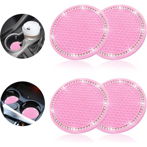 4Pcs Rhinestone Car Coasters Anti-Slip Silicone Cup Holder Mats for Car Interior Accessories (Pink)