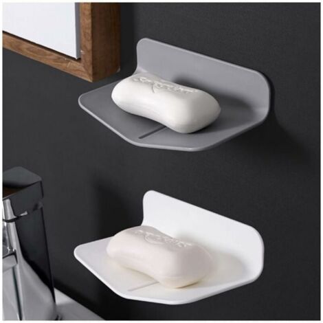 2pcs (White, Gray) Soap Dish with Drain Wall Mounted Shower Soap Holder Self Adhesive Plastic Soap Dish for Kitchen Sink No Drill (1/5)