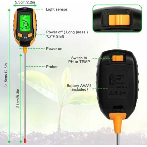 4 in 1 Soil Moisture Meter - Digital LCD Display - Plant Temperature/Soil Moisture/pH/Sunlight Intensity Tester.