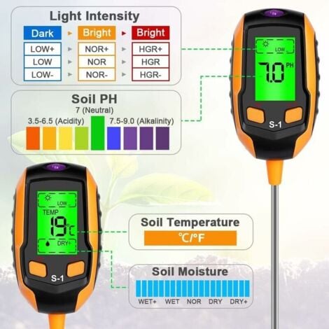 4 in 1 Soil Moisture Meter - Digital LCD Display - Plant Temperature/Soil Moisture/pH/Sunlight Intensity Tester.
