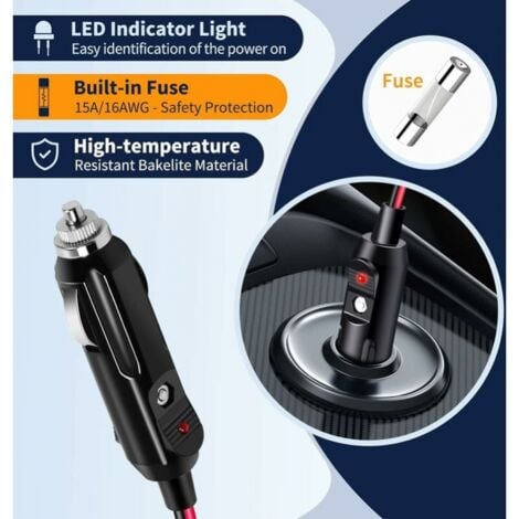 3M Cigarette Lighter Extension Cable, 12V/24V Car Charger Cigarette Lighter Socket, 16AWG Waterproof Dustproof Adapter with 15A Fuse for Motorcycle, Boat, Car, Truck
