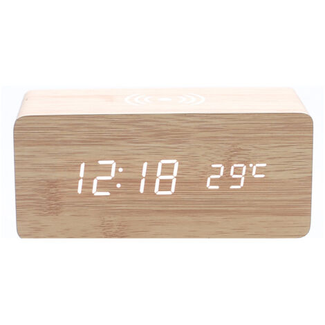 1pc Beige Wooden Alarm Clock with Qi Wireless Charger Compatible with iPhone Samsung Wooden LED Digital Clock Sound Control Function, Time, Date and Temperature Display (1/3)