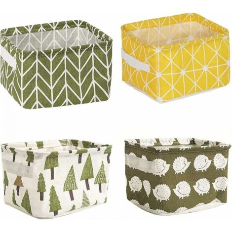 4 Pieces Mini Square Storage Baskets Cotton Linen Fabric Storage Bins Foldable Baby Storage Boxes Waterproof Small Fabric Storage Baskets for Office Toys