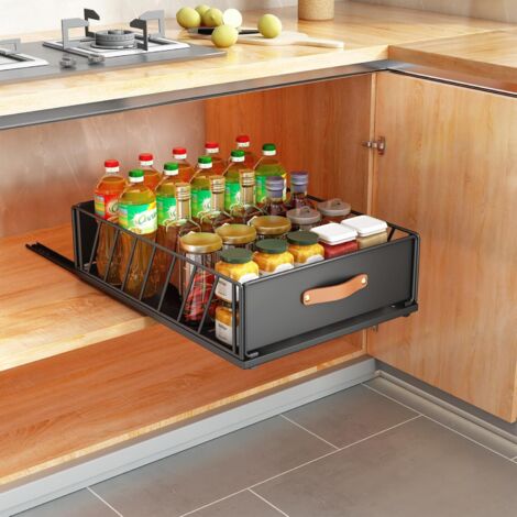 Kitchen Sliding Drawers, Sliding Cabinet Organizers, Mesh Storage Baskets with Handles 30cm Black