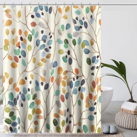 Shower Curtain 180x200 Anti Mold Bath Curtain Beige Machine Washable Shower Curtain Colorful Botanical Pattern with Holes Shower Curtain Fabric Bathroom Curtains with 12 Hooks