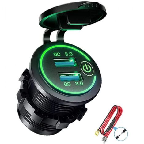 3.0 Dual USB Charger Socket, 12V/24V Waterproof USB Outlet with Touch Switch for Car, Marine, Boat, RV, Green