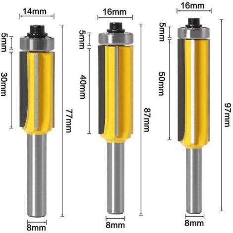 8mm Shank Wood Router Bit with 4 Blades, 3 Piece Finishing Pattern ...