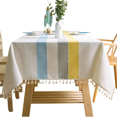 1 Piece (90x90cm, Blue/Grey/Yellow) Cotton Linen Tablecloth Solid Color Plaid Embroidery Tassel Cotton Linen Tablecloth Kitchen Dining Table Decoration (1/4)