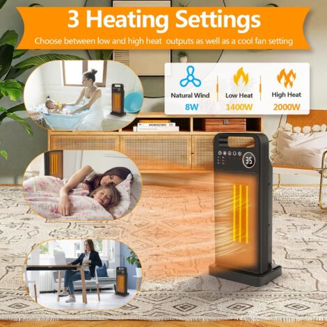 Ceramic fan heater, 2000W, automatic oscillation 60°, remote and touch control, 3 temperature settings
