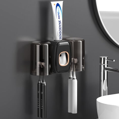 Cup Toothbrush Holder (Black), Wall Mounted Toothpaste Dispenser with Toothbrush Holder, Automatic Toothpaste Squeezer