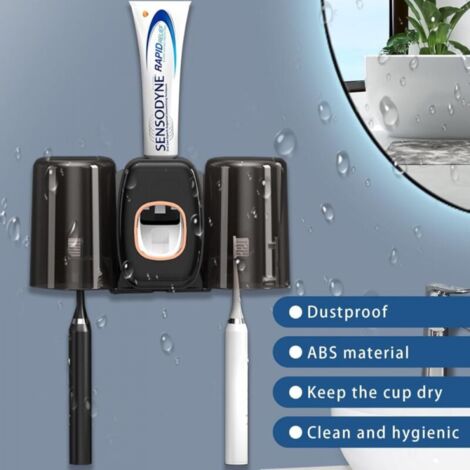 Cup Toothbrush Holder (Black), Wall Mounted Toothpaste Dispenser with Toothbrush Holder, Automatic Toothpaste Squeezer