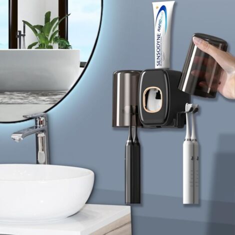 Cup Toothbrush Holder (Black), Wall Mounted Toothpaste Dispenser with Toothbrush Holder, Automatic Toothpaste Squeezer