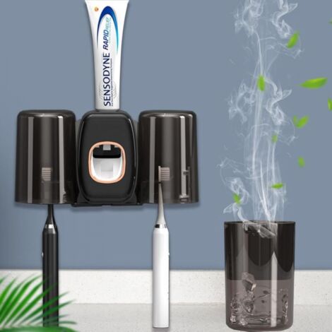 Cup Toothbrush Holder (Black), Wall Mounted Toothpaste Dispenser with Toothbrush Holder, Automatic Toothpaste Squeezer