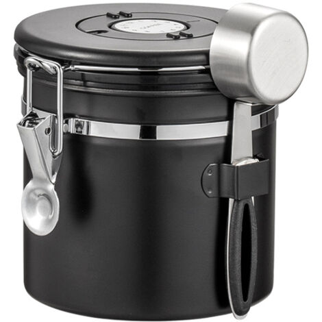 Stainless Steel Coffee Container - Airtight Coffee Canister for Coffee Bean Storage, 1200ml Capacity with Measuring Spoon and Date Wheel, Black (1/5)