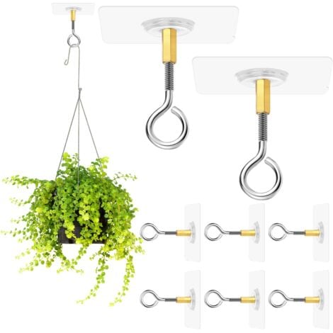 Pack of 4 self-adhesive ceiling hooks without drilling, transparent hooks for hanging plants with stainless steel hooks for the ceiling, self-adhesive ceiling hooks, can bear 5 kg