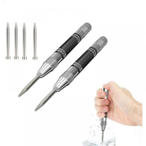2 Pieces Automatic Center Punch, Automatic Center Punch, Spring Tension Center Punches, Adjustable Impact Automatic Center Punch, for Wood, Wall, Metal, with 4 Pieces Replacement Tips (1/5)
