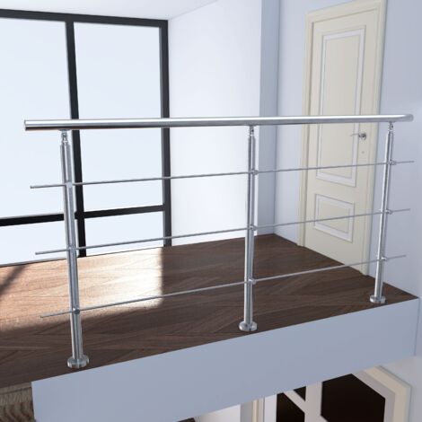 Garde-corps inox 3 traverses – Longueur 200 cm – Fixation à plat pour terrasse – Hauteur 106,5 cm – Tube main courante 42,4 mm