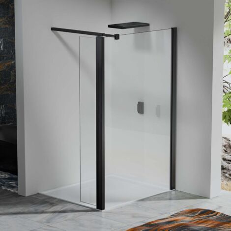 Paroi de Douche 50×200 cm avec Retour Pivotant 40×200 cm – Barre Extensible 73–120 cm – Verre Trempé 8 mm – Aluminium Noir Mat (1/5)