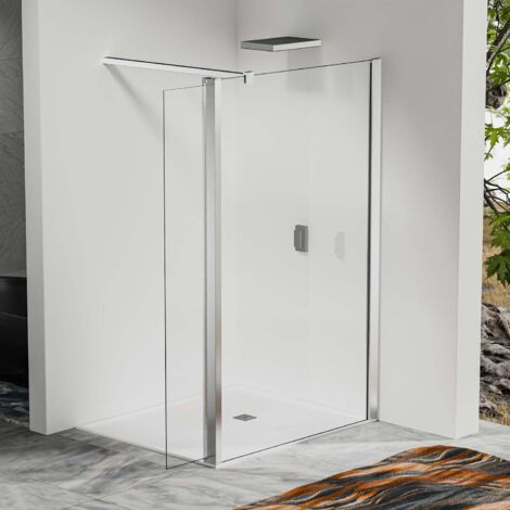 Paroi de douche à l’italienne 120×200 cm avec déflecteur pivotant 50×200 cm – Verre trempé – Barre recoupable 140 cm – Aluminium chromé brillant (1/3)