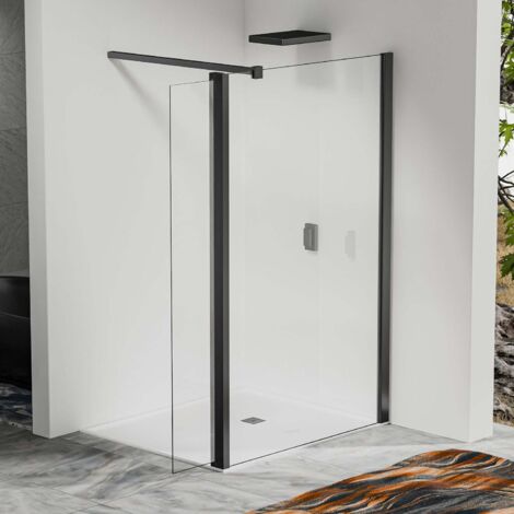 Paroi de douche à l’italienne 50×200 cm avec déflecteur pivotant 40×200 cm – Barre de fixation 90 cm recoupable – Verre trempé – Noir mat (1/3)