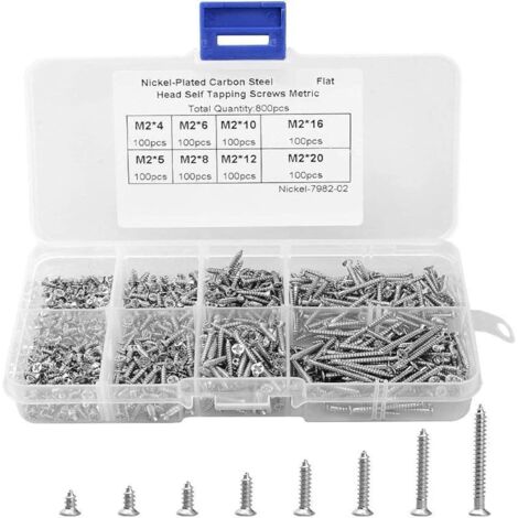 Set 800 Viti Autofilettanti M2 In Acciaio Inox 304 | Testa Svasata | 8 Misure Da 4 A 20 Mm | 100 Viti Per Misura | Per Elettronica E Fai-da-te