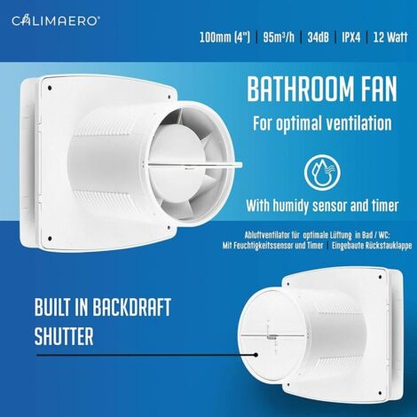 Aspiratore per bagno 100mm Timer con sensore di umidità e valvola di non ritorno 95m³ / Estrattore d'aria silenzioso / Bianco